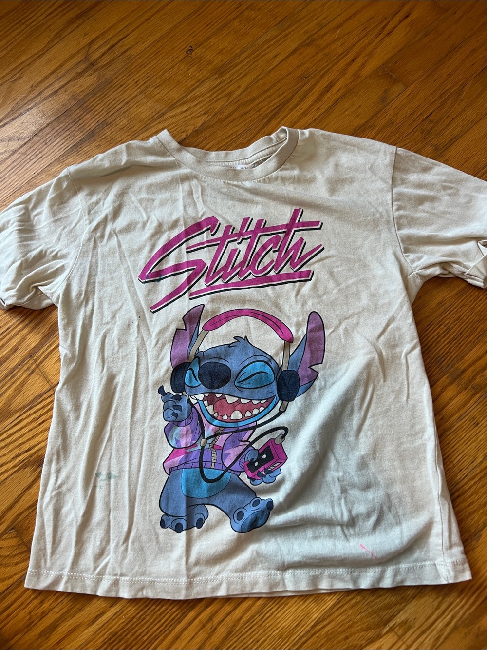 Disney Beige Kids T-Shirt with Pink & Blue Stitch Graphic